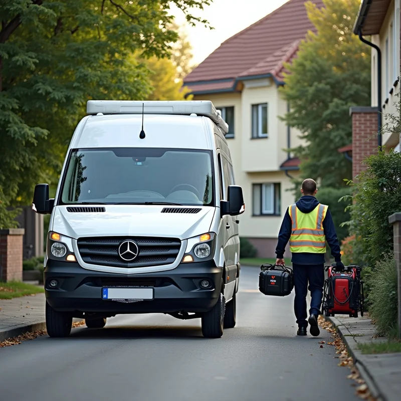 Neutrales Servicefahrzeug eines Schädlingsbekämpfers vor einem Wohnhaus in Steinau an der Straße